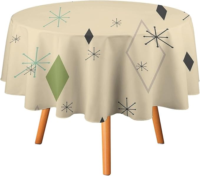 Colorful Middle Century Round Tablecloth, Vintage Bohemian Mid Century Modern Retro Print Tablecloth for Home Party Dining Room Kitchen Decor 60Inch(152cm)