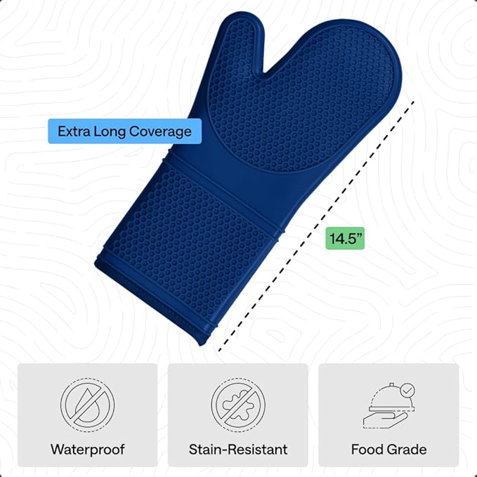 GORILLA GRIP BPA-Free Soft Silicone Oven Mitts, 14.5x8.3, Heat Resistant and Waterproof Cooking Gloves, Thick Cotton Lining, Flexible Gripping for Baking Grilling, Kitchen Potholders Set of 2, Blue