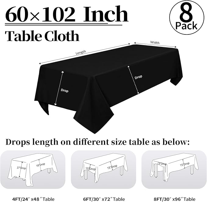 8 Pack Black Tablecloth 60 x 102 Inch Polyester Table Cloth for 6 Foot Rectangle Tables, Wrinkle Resistant Washable Decorative Fabric Table Covers for Wedding Party Banquet Buffet and Camping