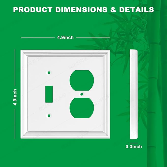 White Decorative Combination Light Switch Covers Wall Plate, Natural Material Switch Plate Outlet Covers - Modern Style (2 Gang Toggle/Duplex 2 Pack)