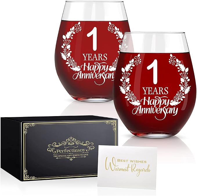 Perfectinsoy 1 Years Happy Anniversary Wine Glass Set of 2, Happy 1th by Perfectinsoy