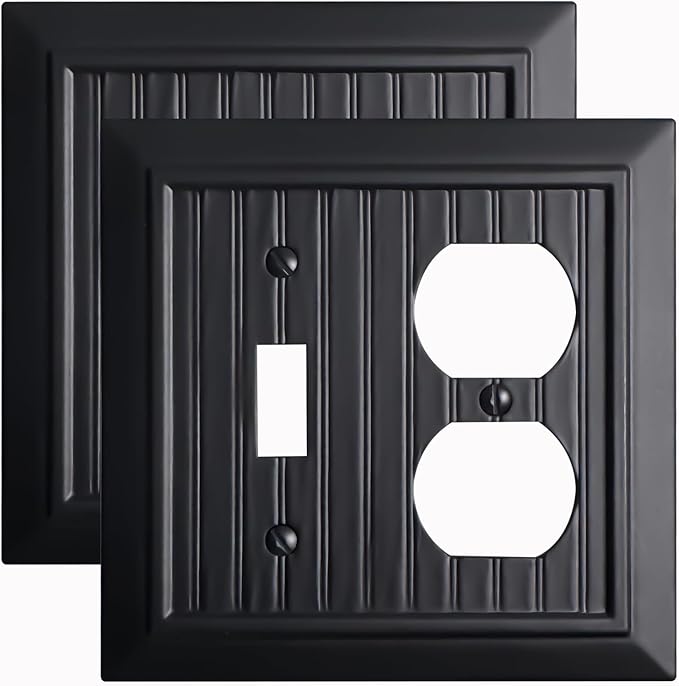 Beadboard Outlet Covers Wall Plates, Bamboo Fiber Light Switch Covers, Natural Material Electric Receptacle Decorative Switch Plate Outlet Cover Matte Black (2 Gang Toggle/Duplex 2 Pack)