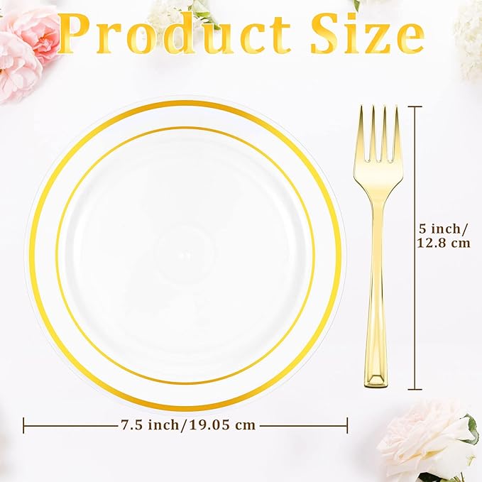 Eccliy 400 Pieces Plastic Cake Plates with Dessert Forks, 7.5 Inch Disposable Plastic Plates Appetizer Plates Salad Plates Party Plates Heavy Duty for Wedding Reception Parties Holidays (Gold)