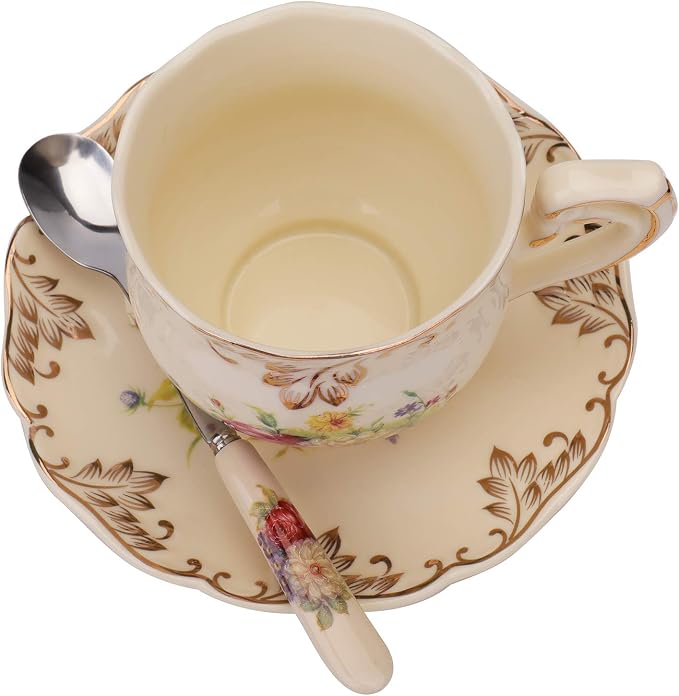 Foraineam Set of 2 Tea Cup and Saucer, 8 oz. Flowering Shrubs Ivory Ceramic - Image 5