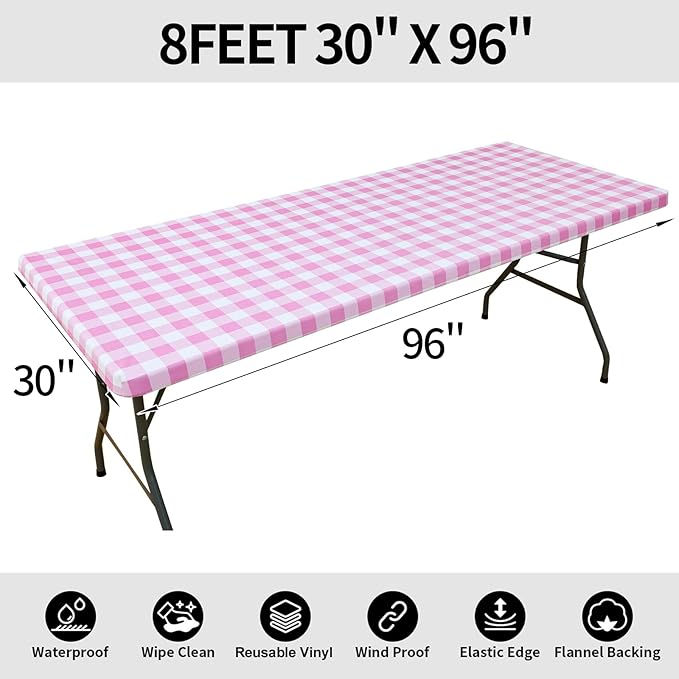 Smiry Rectangle Picnic Table Cloth, Elastic Waterproof Fitted Vinyl Tablecloths, Flannel Backed Buffalo Plaid Table Covers for Dining, Camping, Valentines(White and Pink, 30" x 96")