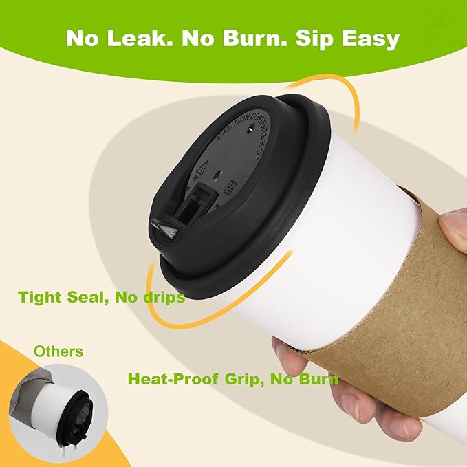 100 Pack 16 oz Disposable Coffee Cups with Lids and Sleeves, To Go Coffee Cups with Lids, Leak-Proof Hot Coffee Cups, PLA White Paper Coffee Cups for Hot Beverage