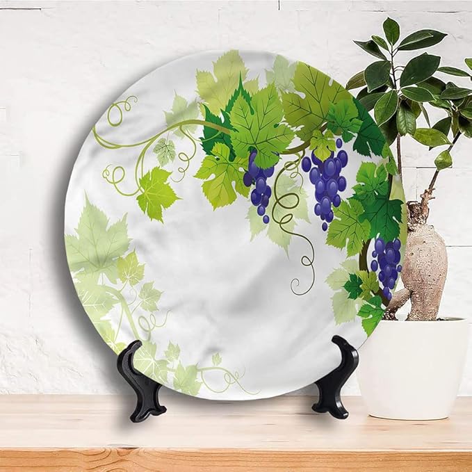 Ceramic Display Plate, Vine Ceramic Hanging Decorative Plate, Grapes with Fresh Foliage, 8 Inch, Living Room Kitchen Decoration Household, Multicolor