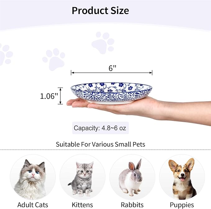 Selamica Ceramic Cat Bowls, 6 Inch Wide Shallow Cat Food Bowl for Relief Whisker Fatigue, Set of 4, Vintage Blue