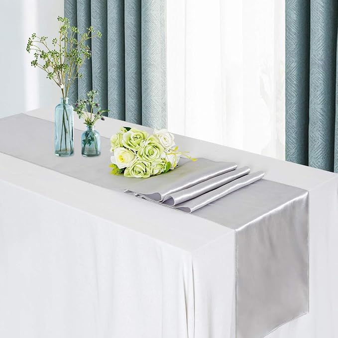Silver Satin Table Runners 10 Pack 12x108 inch Silk Smooth Fabric | Bright - Image 5