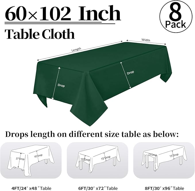 8 Pack Hunter Green Table Cloth 60 x 102 Inch Rectangular Dark Green Tablecloth for 6 Foot Rectangle Tables, Wrinkle Resistant Washable Rectangle Fabric Table Covers for Wedding Party Banquet Buffet