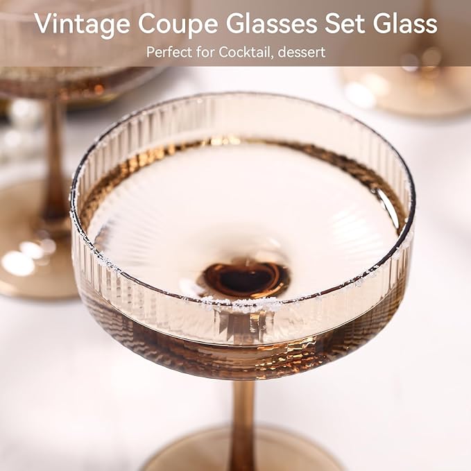 Smokey Sand coupe glasses Gray Vintage Art Deco Coupe Glasses Set of 6 Ribbed martini Cocktail Glasses Set