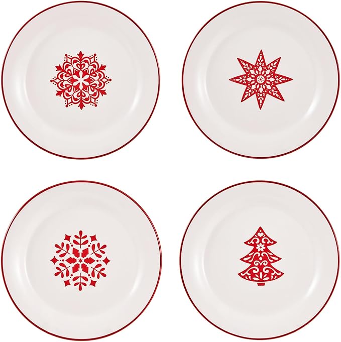 Bico Holly Jolly Salad Plates Set of 4, 8.75 Inch Ceramic Dessert Plates for Salad, Appetizer, Side Dishes, Microwave and Dishwasher Safe, Gift for Housewarming and Christmas