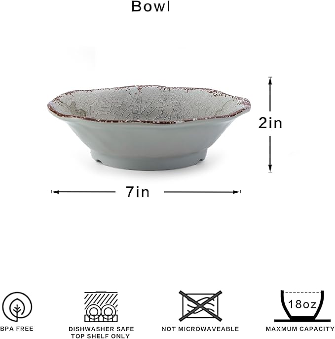 LEHAHA Melamine Salad Bowls Set, 7”x2” Round Small Pasta Bowls Set, Set of 6 Melamine All Purpose Bowl sets, Great for Everyday Use, Warm Gray