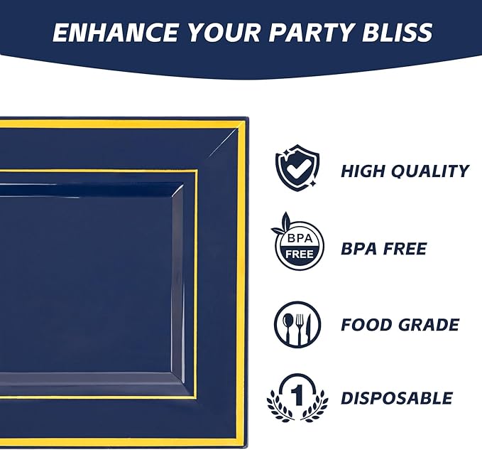 Liacere 100PCS Blue and Gold Square Plastic Plates-50PCS Heavy Duty 9.5inch Disposable Dinner Plates and 50PCS 6inch Blue Dessert Plate - Gold Plastic Plate for Party&Washington's Birthday