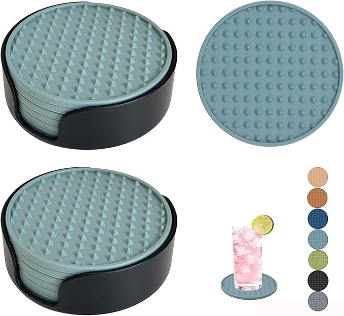 Set of 12 Silicone Coasters, 4'' Drink Coaster with Holder, Round Coasters for Drinks Beer Coffee Home Office Bar Desk Tabletop Protection, Non-Slip Rubber Coaster (Blue, 12 Pcs-Plastic Holder)