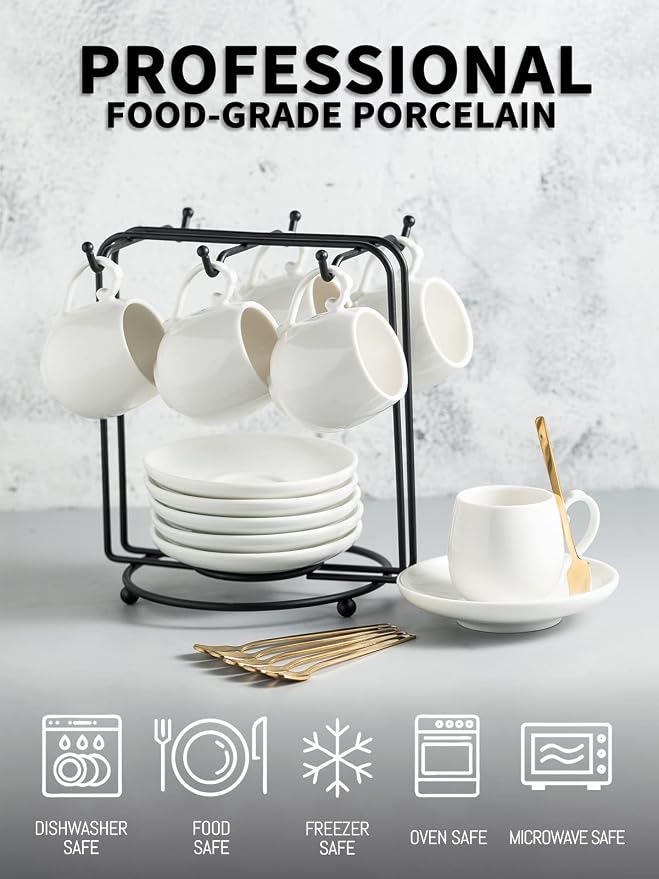 LYEOBOH Espresso Cups with Saucers Set, 3 Ounces Coffee Cups with Metal Stand - Image 7