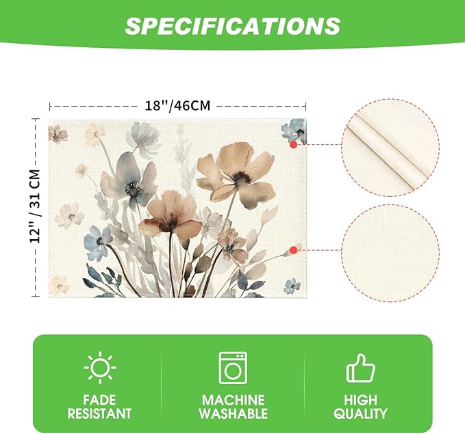 Artoid Mode Brown Poppy Floral Leaves Placemats Set of 6, 12x18 Inch Seasonal Summer Table Mats for Party Kitchen Dining Decoration