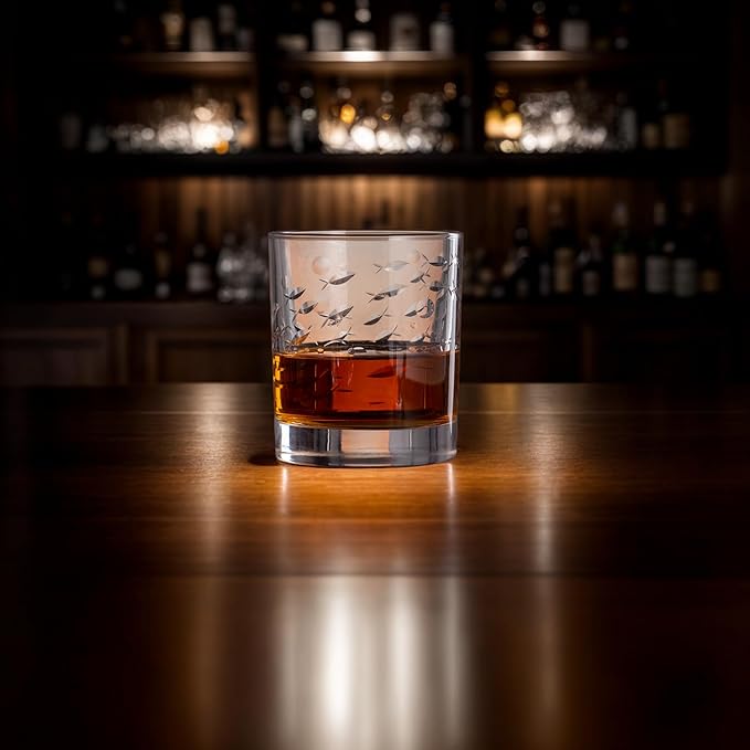 SHOSHIN Premium Hand Cut Whiskey Glasses (13 OZ, Set of 4) - Handmade Double Old Fashioned Scotch Glasses - Gift for Bourbon Lovers - Style Glassware for Rum - Fish Pattern set of 4