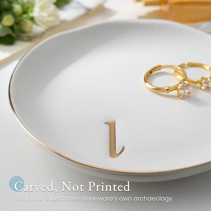 Lolalet Handmade Ceramic Ring Dish Jewelry Tray Plate with Initial, Small Monogram Gift for Her Women Girls Mother, Hostess, Engagement, Bridal Shower, Maid of Honor, Bridesmaid, Birthday, Christmas
