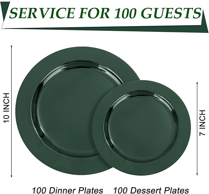 FLOWERCAT 200PCS Dark Green Plastic Plates Disposable Plates for Party - Heavy Duty Plastic Plates - 10" &7" Plate for 100 Guests New Year Parties and Events