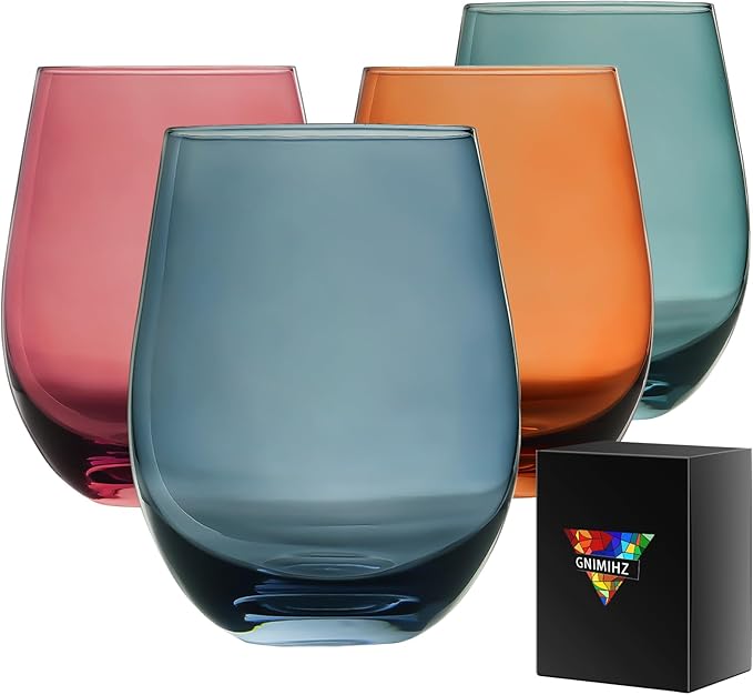 Colored Stemless Wine Glasses for Red or White Wine (Set of 4), 18-Ounces, Large Wine Glasses for Cabernet, Pinot Noir, Burgundy, Bordeaux (4color)