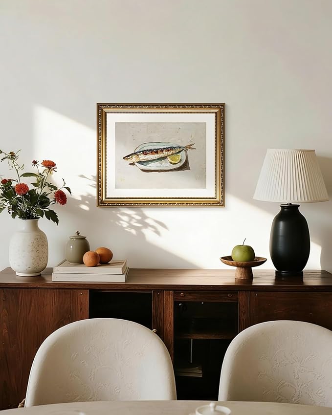 InSimSea Gold Framed Wall Art, Roasted Sardine Lemon Vintage Kitchen Wall Decor, Still Life Canvas Print Art, Dining Room Farmhouse Decor, Antique Paintings with Picture Frame 13x16inch