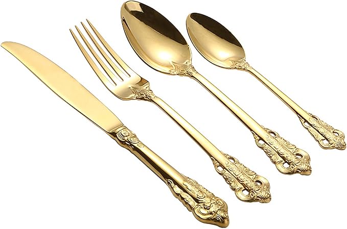 Gold Silverware Set 18/10 Stainless Steel Flatware Sets Palace Style 56 Piece Delicate Cutlery Set for 14 Durable Home Kitchen Wedding Tableware Utensil Include Knifes Teaspoons Forks and Spoons
