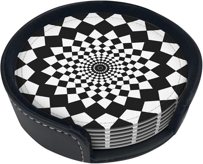 Drink Coasters with Holder Stand Set of 6, Mandala Chessboard Pu Leather - Image 6