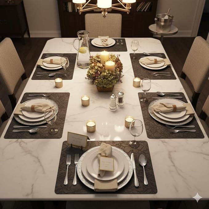 SolaraDawn Faux Leather Table Placemats Set of 6, Washable, Wipeable & Heat-Resistant Table Mats, Waterproof Dining Place Mats with Embossed Texture for Kitchen & Dining, Black, 17" × 12"