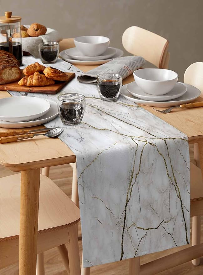 Marble Table Runner-Cotton Linen-Long 120 inche White Gray Gold Dresser Scarves - Image 6
