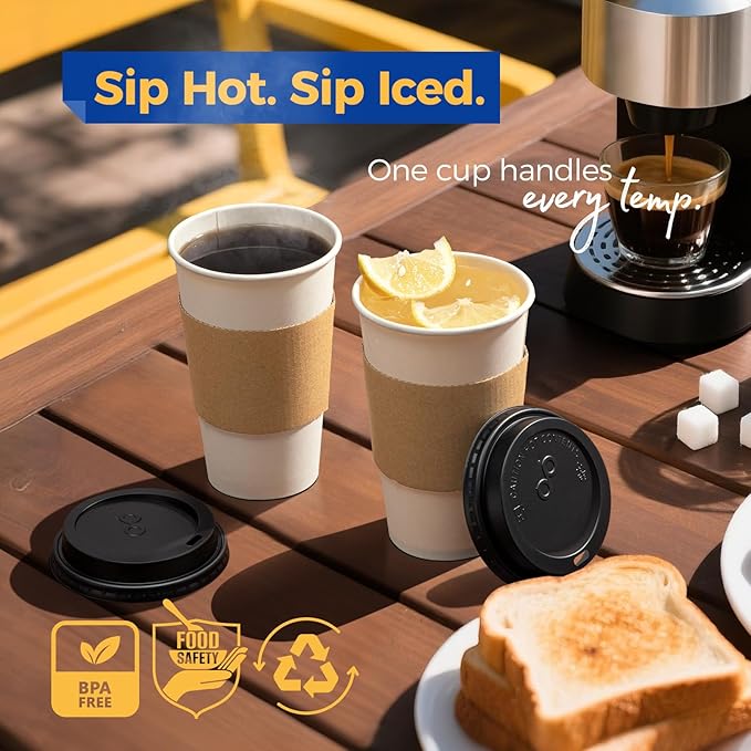 Fit Meal Prep 500 Pack 16 oz Disposable Coffee Cups with Lids, Sleeves, Leak-Proof To Go Coffee Cups with Lids, Durable Paper Cups for Hot Beverage, Home, Office, Party