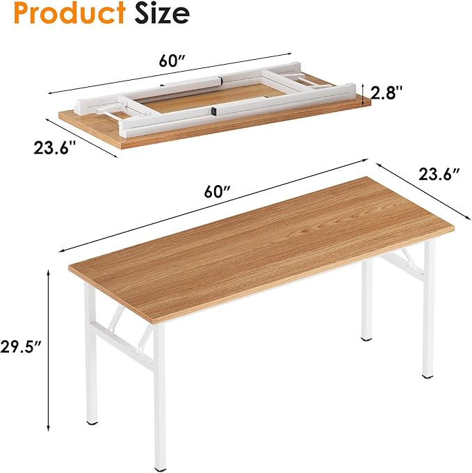 Need Folding Computer Desk, Large 60 inches Folding Table for Home Office, No Install Needed Foldable Writing Table Desk, Teak and White