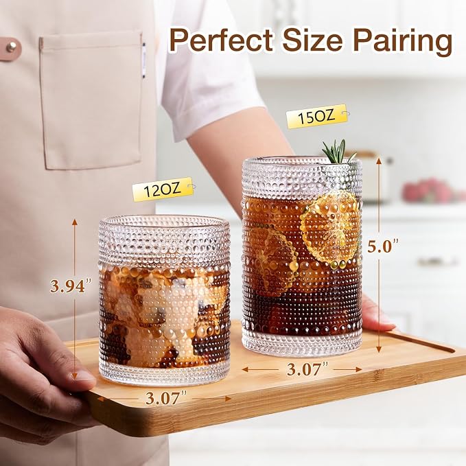 Drinking Water Glass Cups Set, Crystal Hobnail Glass set of 8, 15oz&12oz | - Image 2
