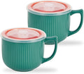 Ceramic Soup Bowl with Handle & Lid, 32oz Microwave Ramen Bowl Set of 2 | Green by Hoilse