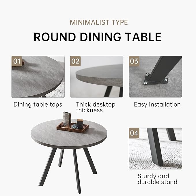 34.6'' Round Dining Table and Chairs for 2, Space Saving Modern Casual Coffee Table Set for Apartment Kitchen Dining Room (Grey Table+2 Balck Chairs)