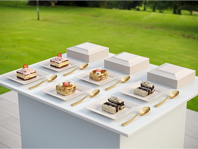 Exquisite Mini Disposable Appetizer Plates - 100 Pack 4.5 In. x 4.5 In. Ivory Plastic Dessert Plates - Elegant Design for Weddings, Birthdays, and Formal Parties - Stackable and Convenient - BPA Free