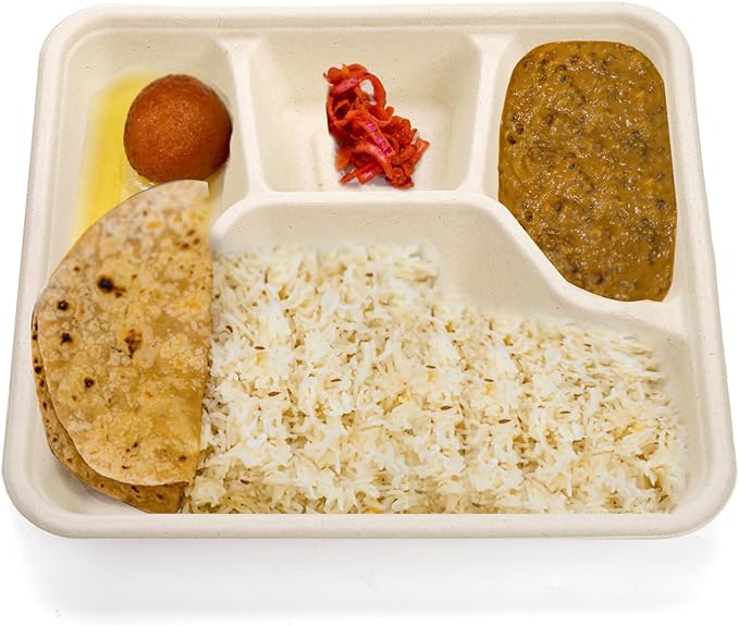 TOPZEA 50 Pack 4 Compartment Disposable Paper Plates, 9.4"x 8.6" Compostable Deep Divided Plates Heavy Duty Bagasse School Lunch Tray, Sugarcane Sectional Plate Food Containers for Dinner Buffet Party