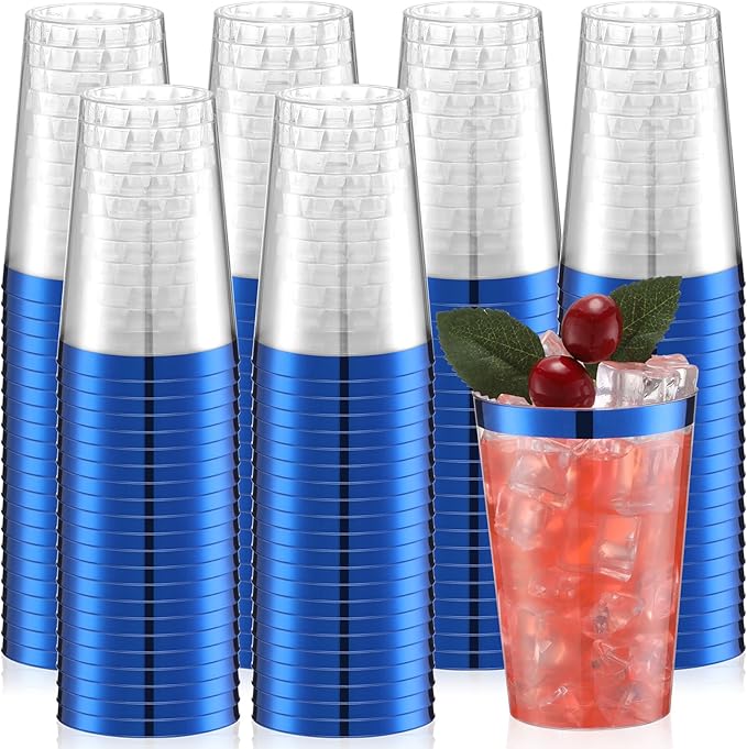 Patelai 100 Pcs Blue Plastic Cups 12 oz Blue Rimmed Plastic Cups Heavy Duty Disposable Wine Glasses Clear Cocktail Glasses Drinking Tumblers for Party Wedding Christmas Birthday