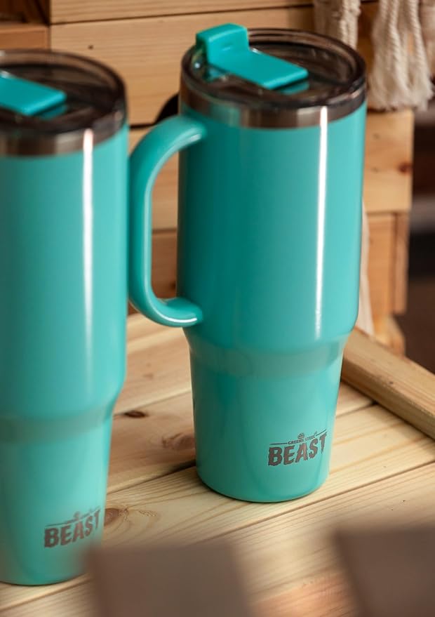 Beast 42 oz Tumbler with Handle Stainless Steel Vacuum Insulated Coffee Ice Cup Double Wall Travel Flask (Aqua Blue)