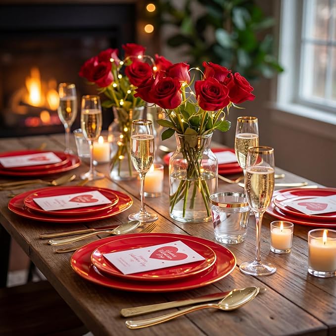 WDF 300Pcs Red Disposable Plates - Red Plastic Plates - 50guest Disposable Dinnerware Include 50 Dinner Plate, 50 Dessert Plate, 150 Cutlery & 50 9oz Cups for Valentine's Day & Parties