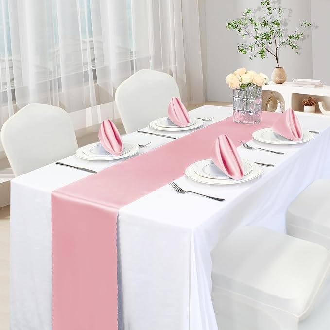 VACVELT Blush Pink Satin Table Runners, 12x72 Inch, 2 Pack, Scalloped Edge | - Image 2