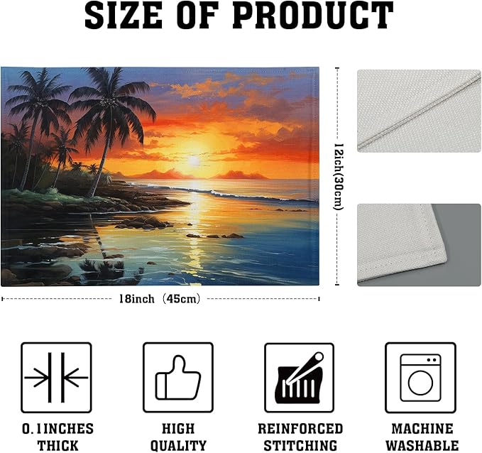 Beach Placemats Set of 4 - Palm Tree Place Mat 12x18 Inch Summer Sunset Placemats Sea Ocean Table Mat for Party Kitchen Dining Home Holiday Party Decor