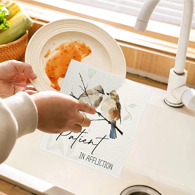 Bird Scripture Swedish Dishcloths for Kitchen, Swedish Dish Cleaning Cloths for Spring，Papaya Reusable Paper Towels, 4 Pack Dish Towels for Kitchen, Reusable Paper Dishcloths Washable