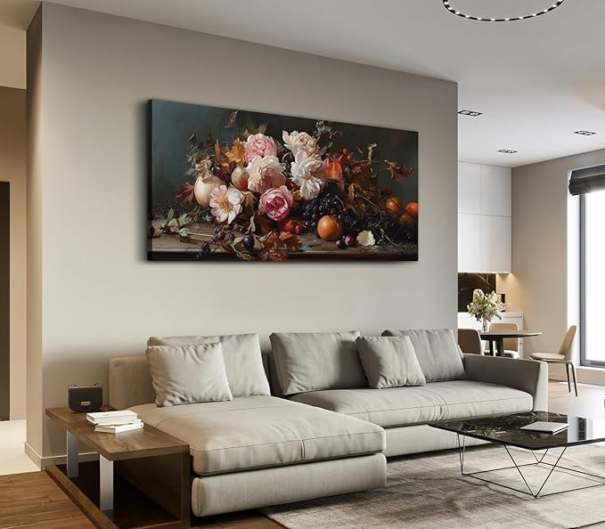 ADJUVANT Wall Art Vintage Floral And Fruit 60" L x 30" W, Peonies With Grapes And Citrus Canvas Painting Prints Graceful Botanic And Fruity Wall Decor for Living Room Bedroom Dining Room Home Office