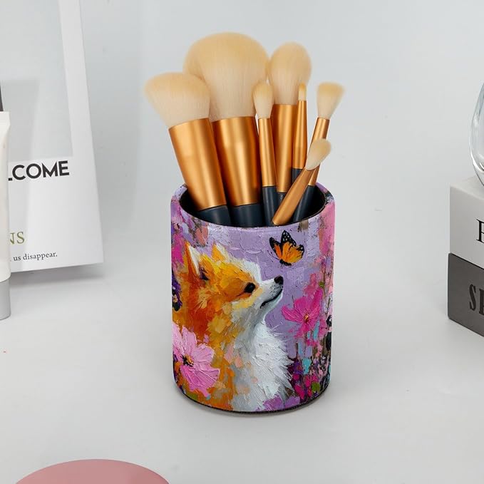 Leather Pen Holder for Desk, Dog Oil Painting Pencil Cup Pen Organizer Makeup - Image 6