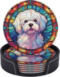 Maltese Stained Dog Breed Glass Art Leather Drinks Coasters by Novgift