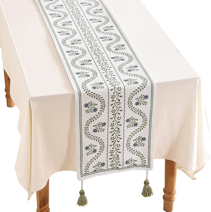 Designer French Linen Long Table Runner, Floral Pattern, Dining Table, Kitchen by Isaennehomedecoration