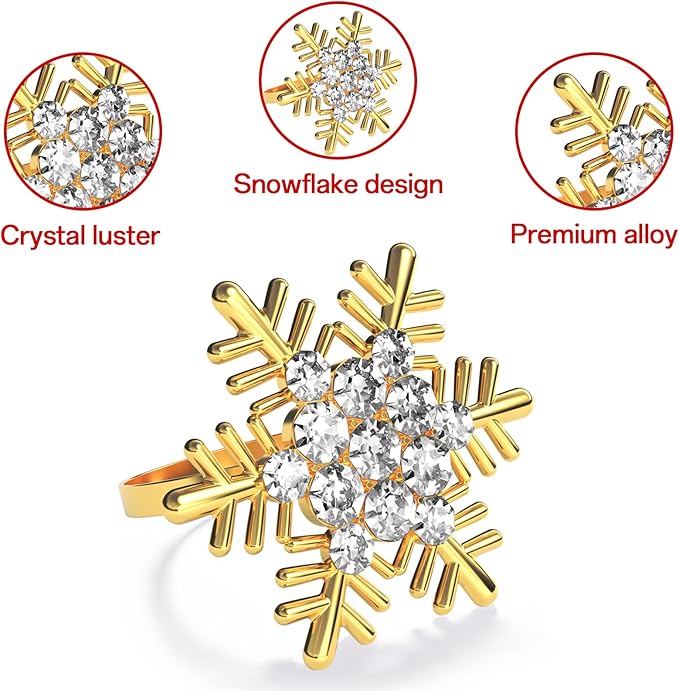 ZeeDix Christmas Gold Snowflake Napkin Rings Set of 8, Napkins Ring for Dinning Table - Rustic Dinner Tables Decoration for Wedding Receptions Christmas Thanksgiving Holiday Party Dinner Parties