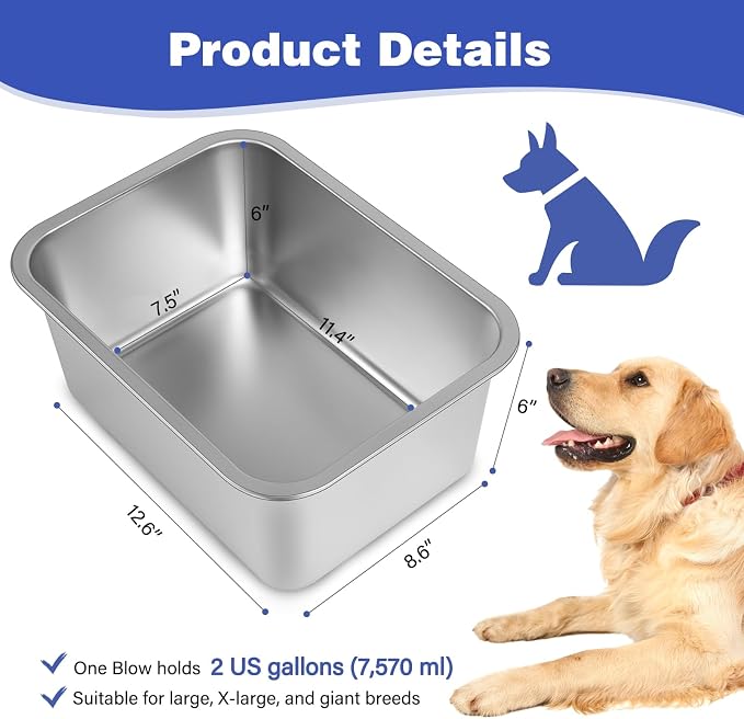 2 Gallon Large Dog Water Bowl, Stainless Steel Bowl, Medium Dogs | 2 Gallon - Image 3