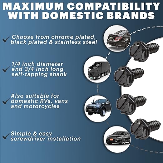 Black License Plate Screws Kit - Set of 8 Fasteners For Front and Back License Plates and License Plate Frames or Covers on Domestic Cars, Trucks, SUVs - Rustproof, Self Tapping Mounting Bolts (Black)
